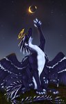 4_ears 4_eyes 6_legs ambiguous_gender black_body black_feathers black_fur blue_claws blue_pawpads claws feathers feral fur grass multi_ear multi_eye pawpads plant solo white_body white_feathers white_fur darkarlett mythology alien dragon furred_dragon furred_scalie hybrid mythological_creature mythological_scalie scalie hi_res