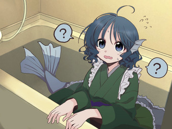 ahoge asian_clothing bathtub blue_eyes blue_hair clothed clothed_female clothing confusion ear_fins east_asian_clothing female fin frilly frilly_clothing glistening glistening_eyes green_clothing green_kimono hair inside japanese_clothing kimono looking_at_viewer open_mouth partially_submerged question_mark solo speech_bubble split_form wavy_mouth inkokatte touhou wakasagihime aquatic humanoid_merfolk merfolk 2021 4:3 hi_res