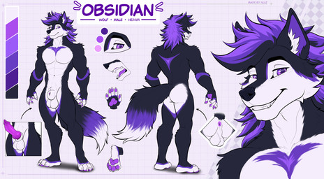 abs animal_genitalia animal_penis anthro anus balls biceps big_balls black_arms black_body black_eyebrows black_fur black_hair black_legs black_nose canine_genitalia canine_penis claws color_swatch cutaway dipstick_tail eyebrows eyelashes fangs fluffy fluffy_hair fluffy_tail front_view fully_sheathed fur genitals geometric_background grid_background hair happy humanoid_hands inner_ear_fluff knot looking_at_viewer male markings medium_hair mouth_closed multicolored_body multicolored_fur multicolored_tail multiple_angles muscular muscular_male pattern_background pawpads pecs penis penis_tip plantigrade pointy_ears prick_ears pronouns purple_anus purple_body purple_eyes purple_fur purple_hair purple_pawpads purple_penis purple_tongue raised_tail rear_view sheath simple_background smile solo standing tail tail_markings teeth text toe_claws tongue toothy_grin tuft white_body white_chest white_claws white_face white_fur white_neck white_paws nliiz obsidian_(faronthefox) canid canine canis mammal wolf 2025 artist_name bust_portrait english_text hi_res model_sheet portrait