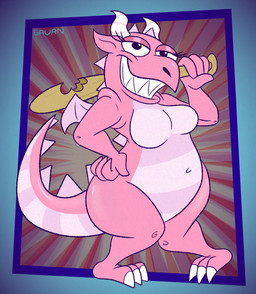 abstract_background anthro baseball_bat baseball_bat_over_shoulder bat_(object) belly bite_mark breasts butt casual_nudity claws featureless_breasts female glistening glistening_body glistening_butt half-closed_eyes hand_on_hip horn narrowed_eyes pink_body pink_skin sharp_teeth smug solo spines teeth wings gavanzude mythology random!_cartoons yaki_and_yumi yumi_the_dragon dragon mythological_creature mythological_scalie scalie alternate_version_at_paywall digital_drawing_(artwork) digital_media_(artwork) hi_res signature