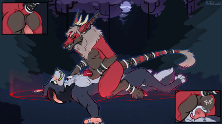 anal anal_penetration animal_genitalia animal_penis anthro anthro_on_anthro anthro_penetrated anthro_penetrating anthro_penetrating_anthro black_body black_fur blue_body blue_fur blush bodily_fluids canine_genitalia canine_penis close-up cloven_hooves cowgirl_position cum cum_in_ass cum_inside cum_while_penetrated cumshot cutaway detailed_background duo ear_piercing ear_stud ejaculation erection facial_piercing from_front_position fur furgonomic_piercing furgonomics gauged_ear genital_fluids genitals green_eyes grey_body grey_fur hooves horn horn_piercing horn_ring_(piercing) knot knotted_penis lying male male/male male_anthro male_penetrated male_penetrating male_penetrating_male nipples nose_piercing nose_ring nude nude_anthro nude_male on_back on_bottom on_top open_mouth open_smile penetration penile penile_penetration penis penis_in_ass piercing pink_penis red_body red_fur red_penis ring_piercing sex sheath slightly_chubby slightly_chubby_anthro slightly_chubby_male smile summoning_circle tail teeth meldritchhorror mythology asmodeus_(character) toroid canid canid_demon canine canis demon hellhound mammal mythological_canine mythological_creature wolf 16:9 2018 4k absurd_res hi_res widescreen