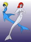 anthro armless black_eyes black_hair blonde_hair blue_body breasts dorsal_fin duo featureless_breasts female fin fin_hands fin_piercing flipper_hands furgonomics furry-specific_piercing gills grey_body hair human_ears multicolored_hair navel piercing red_hair shark_tail split_form white_body skyhammer animal_humanoid fish humanoid marine marine_humanoid merfolk mershark shark 2008