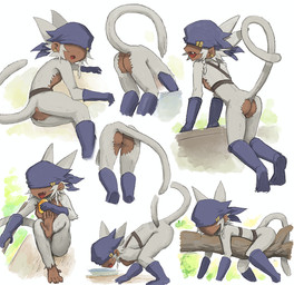 accessory breasts butt clothing covered_eyes dark_body dark_skin ear_piercing fangs female fur hair headgear headwear jewelry kerchief piercing small_breasts tail teeth white_body white_fur white_hair g_tsurimasu haplorhine mammal monkey primate hi_res