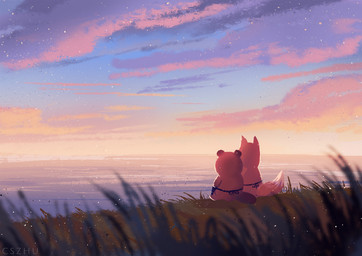 ambiguous_gender anthro apron apron_only brown_body brown_fur chibi clothing cloud detailed_background dipstick_tail duo evening fur grass male markings mostly_nude orange_body orange_fur outside plant rear_view sea sitting sky slightly_chubby sunset tail tail_markings water white_body white_fur white_tail_tip pummelpanda animal_crossing nintendo crazy_redd tom_nook_(animal_crossing) canid canine fox mammal raccoon_dog tanuki 2020 digital_media_(artwork) digital_painting_(artwork) painting_(artwork) shaded