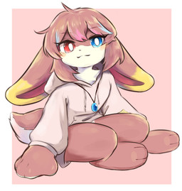 anthro blue_eyes clothing eyebrows eyelashes fur gem looking_at_viewer paws red_eyes sitting smile smiling_at_viewer solo qerpioritu lagomorph leporid mammal rabbit absurd_res digital_drawing_(artwork) digital_media_(artwork) hi_res