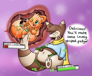 abdominal_bulge digestion digestion_noises duo female female_prey feral feral_pred feral_prey gameplay_mechanics gui health_bar internal male male/female onomatopoeia sound_effects speech_bubble text vore clementinenoms nintendo pokemon unnamed_furret felid feline furret generation_2_pokemon generation_9_pokemon mammal pokemon_(species) sprigatito hi_res watermark