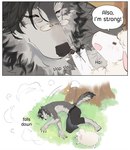 aman_(weibo) anthro belt bottomwear bovid canid canine canis caprine claws clothing colored comic dialogue duo english_text eyewear falling feral fluffy glasses grass hitting male mammal pants pince-nez plant sheep speech_bubble text tree wolf