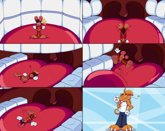 3_toes 4_fingers anthro big_feet big_tongue butt cartoon_gloves claws dazed dizzy dizzy_eyes duo eyebrows eyes_closed eyewear feet fingers glasses heart_eyes heart_symbol inside_mouth macro male male/male mawplay micro pawpads paws red_tongue soft_vore soles tail toe_claws toes tongue toony uvula vore wide_tongue doggydog doggydog_(character) roderick_(tamerkoh) toon_doggydog_(doggydog) canid canine canis domestic_dog lagomorph leporid mammal rabbit absurd_res comic hi_res