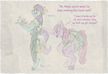 anthro barmaid blush bodily_fluids bottomwear clothed clothing clothing_lift diaper diaper_check diaper_under_clothing dress duo female female/female genital_fluids hooves serving_tray skirt skirt_lift soiled_diaper text unclean_diaper urine used_diaper waiter wearing_diaper wet_diaper fillyfables friendship_is_magic hasbro my_little_pony berry_punch_(mlp) mixed_berry_(mlp) equid equine horse mammal pony english_text