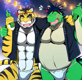 anthro asian_clothing beverage blue_eyes blush bottle clothing container duo east_asian_clothing festival fireworks food fundoshi happy head_crest japanese_clothing laugh lights male night tail underwear bearlovestiger13 morenatsu mythology kod tatsuki_midoriya dragon felid mammal mythological_creature mythological_scalie pantherine scalie tiger