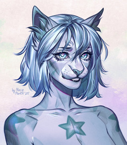 anthro blue_body blue_eyes blue_fur blue_hair blue_nose eyelashes female female_anthro front_view fur glistening glistening_eyes hair nude simple_background solo white_body white_eyes white_fur marie_merkh felid mammal 2025 absurd_res bust_portrait dated hi_res portrait signature