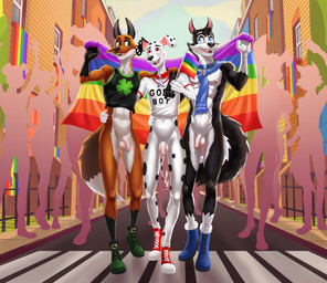 aged_up anthro anthrofied balls blush bottomless bottomless_anthro bottomless_male clothed clothing collar crop_top crowd flaccid flag flag_(object) footwear foreskin fur genitals group holding_flag holding_object humanoid_genitalia humanoid_penis lgbt_pride male midriff nipples open_mouth outside partially_retracted_foreskin penis pride_color_flag pride_colors pride_parade public public_exposure rainbow_flag rainbow_pride_colors rainbow_symbol scarf shirt shoes smile spots standing tail teeth text text_on_clothing text_on_shirt text_on_topwear topwear dal101strefan 101_dalmatian_street 101_dalmatians disney dylan_(101_dalmatians) fergus_(101_dalmatians) hansel_(101_dalmatians) canid canine canis dalmatian domestic_dog fox husky mammal nordic_sled_dog spitz digital_media_(artwork) english_text hi_res