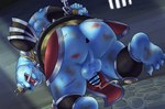 anthro anus armor blue_body bodily_fluids bound butt chain chained cum detailed_background feet genital_fluids humanoid_hands kemono male scar solo sakusan_kc dragon_quest dragon_quest:_the_adventure_of_dai square_enix borahorn mammal marine pinniped walrus 2023 absurd_res censored hi_res