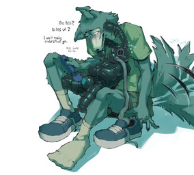 anthro blush bottomwear chastity_bulge chastity_device clothed clothed_male clothing dialogue dominant dominant_male drone dronesuit duo edging flustered footwear gas_mask gimp_mask gimp_suit larger_male lock_bulge male male/male mask notched_ear null_bulge on_lap scar sex_toy shirt shoe_sniffing shoes shorts size_difference smaller_male smile sniffing sniffing_clothes socks soft_dom submissive submissive_male t-shirt tail tail_motion tailwag text topwear vibrator vibrator_on_chastity_cage wand_vibrator a_guy_somewhere beastars legoshi_(beastars) canid canine canis lagomorph leporid mammal rabbit wolf english_text hi_res