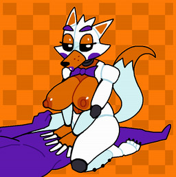 anthro areola big_breasts black_sclera bow_tie breasts checkered checkered_background dipstick_tail duo female female_on_top huge_breasts lipstick machine makeup male markings nipples on_top orange_areola orange_background orange_body orange_eyeshadow orange_nipples pattern_background purple_lipstick rosy_cheeks simple_background tail tail_markings thick_thighs white_body white_eyes wide_hips crushtrap five_nights_at_freddy's five_nights_at_freddy's_world scottgames lolbit_(fnaf) animatronic canid canine fox human mammal robot 2023 digital_media_(artwork)