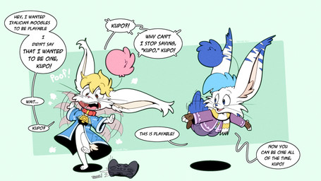 after_transformation antennae_(anatomy) bat_wings bell bell_collar blue_nose clothing collar controller cowbell dialogue duo fingerless_gloves fur game_controller gloves handwear implied_transformation jacket male membrane_(anatomy) membranous_wings pink_nose pom_antennae poof_transformation scarf speech_bubble steam_controller surprised text topwear transformation whiskers white_body white_fur wings trevor-fox final_fantasy square_enix steam_controller_(2015) valve valve_corporation valve_hardware erakir_(character) ivalician_moogle mammal moogle 16:9 english_text hi_res widescreen