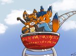 amusement_ride anthro blue_hair brown_body brown_eyes brown_fur duo fur hair male orange_body orange_fur roller_coaster stripes nami_vianna bad_guy_cafe artemis_(smneff) fan_character canid canine fox hybrid mammal procyonid raccoon 4:3 hi_res