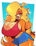 anthro big_breasts blonde_hair bottomwear breasts cleavage cleavage_cutout clothed clothing curvy_figure cutout ear_piercing ear_ring eyeshadow female food fruit green_eyes hair hair_over_eye hotpants huge_breasts makeup piercing plant ring_piercing shirt shorts solo thick_thighs top_heavy topwear voluptuous voluptuous_female wide_hips wumpa_fruit legendofnerd activision crash_bandicoot_(series) tawna_bandicoot bandicoot mammal marsupial 4:5 hi_res