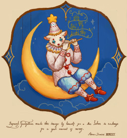 anthro boots clothing clown clown_costume clown_makeup clown_nose ears_outwards eyes_closed flute footwear fur hat headgear headwear male moon musical_instrument pivoted_ears shoes sitting sitting_on_moon solo text wearing_hat white_body white_fur wind_instrument woodwind_instrument reynard_goodfellow english_text hi_res