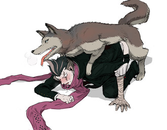 anal anal_penetration bestiality black_hair bodily_fluids bottomwear bottomwear_down breath brown_body brown_fur clothed clothing drooling duo eye_scar facial_scar feral feral_penetrating feral_penetrating_human feral_penetrating_male footwear from_behind_position fur grey_body grey_fur hair hand_wraps human_on_feral human_penetrated interspecies light_body light_skin male male/male male_on_feral male_penetrated male_penetrating male_penetrating_male mounting multicolored_body multicolored_fur obscured_penetration obscured_sex pants pants_down partially_clothed penetration penile penile_penetration quadruped saliva scar scarf sex sharp_teeth shoes simple_background sweat teeth tongue tongue_out topwear two_tone_body two_tone_fur white_background wraps unknown_artist danganronpa danganronpa_2 spike_chunsoft gundham_tanaka canid canine canis human mammal wolf digital_media_(artwork) source_request