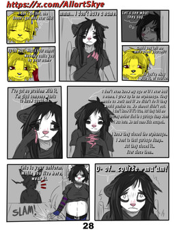 anthro black_body black_fur blonde_hair clothing dialogue female fur grey_body grey_fur hair pink_body pregnant pregnant_female red_eyes simple_background text white_body white_fur yellow_body yellow_fur allartskye nintendo pokemon evelyne_(allartskye) jolyne_(allartskye) kia_(allartskye) american_opossum domestic_cat eeveelution felid feline felis generation_1_pokemon jolteon mammal marsupial pokemon_(species) comic english_text hi_res url