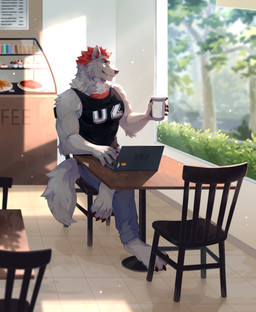 anthro arm_tuft barefoot beverage black_clothing black_nose black_topwear blue_bottomwear blue_clothing blue_eyes blue_pants bottomwear chair cheek_tuft clothed clothing computer crossed_legs denim denim_bottomwear denim_clothing elbow_tuft electronics facial_piercing facial_tuft fangs feet fur furniture grey_body grey_fur hair holding_beverage holding_object inside jeans laptop male mouth_closed neck_tuft nose_piercing nose_ring pants piercing plant red_hair ring_piercing septum_piercing septum_ring shirt short_hair shoulder_tuft shrub sitting solo table tank_top teeth topwear tuft corzh77 canid canine canis mammal wolf absurd_res full-length_portrait hi_res portrait
