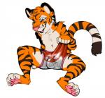 anthro biped bulge clothing clothing_transformation inanimate_transformation latex living_underwear male simple_background sitting solo transformation underwear underwear_transformation wearing_clothing_character what white_background banderi animate_inanimate canid canine felid fox mammal pantherine tiger