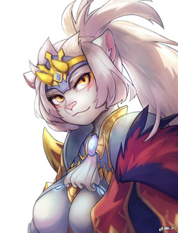 anthro armor breast_armor breasts eyelashes female female_anthro fur hair headgear helmet inner_ear_fluff long_hair melee_weapon pink_nose polearm ruffled_collar simple_background solo tuft weapon white_background white_body white_fur white_hair yellow_eyes j8k_s actoz_soft la_tale veska_(la_tale) felid lion mammal pantherine hi_res