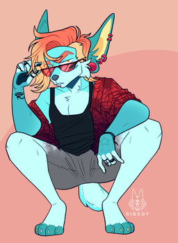 ankh ankh_tattoo annoyed anthro black_clothing bottomwear bracelet clothed clothing collared_shirt crouching denim denim_bottomwear denim_clothing denim_shorts dress_shirt ear_piercing ear_ring eye_of_horus eye_of_horus_tattoo eyewear facial_piercing furrowed_eyebrows gauged_ear glasses gradient_hair hair jeans jewelry labret_piercing lip_piercing looking_at_viewer looking_over_glasses low_cut_shirt male markings pants piercing red_eyewear red_sunglasses ring ring_piercing shirt shorts simple_background solo star_(marking) sunglasses tank_top topwear torn_bottomwear torn_clothing torn_jeans torn_pants undercut ribr0t rigel_(ribr0t) canid canine canis domestic_dog mammal digital_media_(artwork)