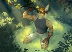 anthro clothed clothing light light_beam male nature nature_background plant smile solo sunbeam sunlight yellow_eyes yan_raevsky aidan_(sryer) eurasian_lynx felid feline lynx mammal 2022