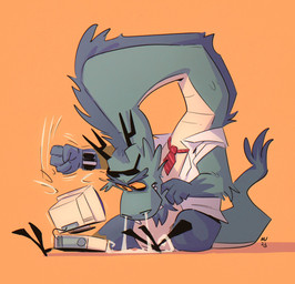 angry anthro computer computer_monitor electronics hitting long_neck male monitor screen snort solo tail dernooks mythology dragon eastern_dragon mythological_creature mythological_scalie scalie hi_res