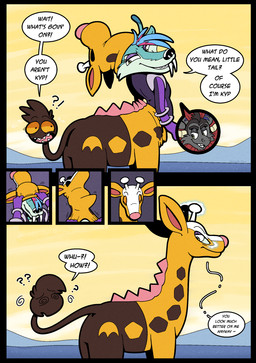 antlers brown_body brown_fur confusion dialogue duo exclamation_point fangs female fur gaslighting horn implied_transformation living_tail male mask_transformation orange_sclera pink_nose psychic_powers question_mark sabertooth_(anatomy) sharp_teeth sky speech_bubble spikes spikes_(anatomy) suit_transformation surprised tail teeth text transformation transformation_sequence twinning unusual_anatomy unusual_tail yellow_body yellow_fur yellow_sky trevor-fox 20th_century_fox blue_sky_studios ice_age_(series) nintendo pokemon kyp_(character) trevor-fox_(character) generation_2_pokemon girafarig mammal pokemon_(species) rodent saber-toothed_squirrel scratazon comic english_text hi_res nonbinary_(lore)