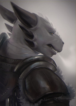 anthro armor black_horn clothed clothing horn looking_at_viewer male male_anthro narrowed_eyes open_mouth simple_background solo white_body yellow_eyes darkgem mythology talash dragon mythological_creature mythological_scalie scalie