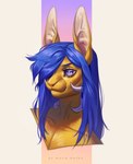 anthro blue_hair eyelashes female fur hair long_hair mouth_closed purple_eyes simple_background solo yellow_body yellow_ears yellow_fur marie_merkh lagomorph leporid mammal rabbit absurd_res bust_portrait hi_res portrait