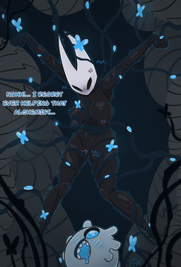 annoyed anthro bdsm black_body blush blush_lines bodily_fluids bondage bound breasts dialogue duo female genitals glowing lifeblood motion_lines nipples nude onomatopoeia plant restrained restrained_by_tentacles segmented_body shaking sound_effects suspension sweat teasing tentacles text vaginal vines vulva jizothewanderer hollow_knight:_silksong hollow_knight_(franchise) team_cherry hornet_(hollow_knight) arachnid arthropod spider 2025 absurd_res english_text hi_res