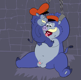 anthro anthro_on_anthro balls belly bodily_fluids bound chain chained clothing cum cum_on_face duo erection flaccid foreskin genital_fluids genitals hat headgear headwear humanoid_genitalia humanoid_hands humanoid_penis male male/male navel oral overweight overweight_male partially_retracted_foreskin penis sex sitting small_penis young bisk disney talespin ivanod_spigot sergeant_dunder mammal suid suine sus_(pig) wild_boar 2010 digital_media_(artwork)