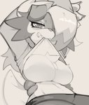 anthro big_breasts bottomwear breasts clothed clothing clothing_lift featureless_breasts female grin hair multicolored_hair navel one_eye_obstructed pants sharp_teeth shirt shirt_lift simple_background smile solo tail teeth topwear honeycalamari nintendo pokemon generation_7_pokemon lycanroc midnight_lycanroc pokemon_(species) 2023 hi_res monochrome