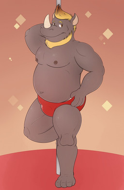 anthro barefoot beard belly blonde_hair briefs bulge clothed clothing facial_hair feet hair horn humanoid_hands male moobs nipples overweight overweight_anthro overweight_male pole red_briefs red_clothing red_underwear solo stripper stripper_pole topless underwear underwear_only calzone_(artist) mammal rhinoceros 2016 hi_res
