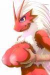 anthro big_breasts blue_eyes breasts female fur hair inverted_nipples nipples non-mammal_breasts non-mammal_nipples red_body red_fur simple_background solo white_hair d_kurouri nintendo pokemon avian bird blaziken generation_3_pokemon pokemon_(species) 2:3 hi_res