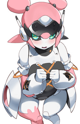 black_body black_sclera blush clothing eyelashes female green_eyes hair high-angle_view joints legwear leotard machine pink_body pink_hair pseudo_clothing pseudo_hair smile solo thick_thighs thigh_highs white_body t-lex yutane_johiel humanoid robot robot_humanoid 2026 absurd_res digital_drawing_(artwork) digital_media_(artwork) hi_res