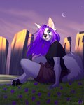 4_toes 5_fingers anthro breasts clothed clothing detailed_background eyebrows eyelashes feet female fingers grass hair night outside plant purple_hair sitting sky solo star starry_sky toes sinalanf canid canine mammal 2021 digital_media_(artwork)