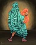 anthro beak blue_clothing blue_dress clothing dancing dress feathers feet female flamenco membrane_(anatomy) solo speedpaint stage stage_lights teal_clothing teal_dress toes webbed_feet yenocwolf birdtember avian bird flamingo 4:5 absurd_res hi_res