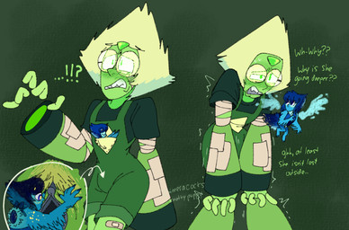 alternate_universe anthro band-aid band-aid_on_leg bandage bestiality blush clothed clothing dialogue duo extreme_size_difference eyewear feathered_arms female feral floating_fingers fully_clothed genitals glasses group in_pocket male male/female overalls pubes robotic_arm size_difference spread_vulva spreading tremble_spikes trio unbirthing unexpected unwilling_pred vaginal vore vulva chimeracocks cartoon_network steven_universe peridot_(steven_universe) animal_humanoid avian avian_humanoid gem_(species) humanoid lapis_lazuli_(gem_species) peridot_(gem_species) hi_res