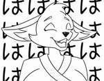 anthro clothed clothing eyes_closed female fully_clothed kemono laugh open_mouth simple_background solo text vocalization white_background conditional_dnp zp92 kimota canid canine fennec_fox fox mammal true_fox 2023 2d_animation animated icon japanese_text loop short_playtime