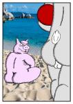 anthro balls beach bodily_fluids detailed_background domestic_pig duo hi_res lagomorph leporid male mammal masturbation outside rabbit sand seaside sky suid suina sus_(pig) sweat unknown_(disambiguation) water