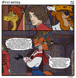 4_fingers anthro black_facial_markings black_markings border cheek_tuft closed_door clothed clothed_anthro clothed_female clothed_human clothed_male clothing countershade_face countershade_fur countershading crown crown_jewels dialogue door double_door ears_flat etiquette eyebrows eyelashes facial_markings facial_tuft female female_anthro feral fingers fully_clothed fully_clothed_anthro fully_clothed_female fully_clothed_human fully_clothed_male fur gem gold_(metal) gold_crown green_sash group head_markings headdress headgear iris kokoshnik light_body light_skin looking_at_viewer male male_anthro male_human markings mouth_closed narrowed_eyes nobleman noblewoman page_number pupils raised_eyebrow ring robe royalty sash scales sitting snout speech_bubble standing stone_floor stone_wall tail text title tuft ventral_scales wall_(structure) white_border wood wood_door yellow_eyes sir_paulus disney robin_hood_(disney) lisabeth_(lord_paulus) prince_john sir_hiss canid canine canis felid feline fox human lion mammal pantherine reptile scalie snake artist_name comic english_text hi_res