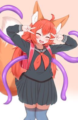 ahoge asian_clothing backpack blush bottomwear brown_body brown_fur clothing cute_fangs dipstick_tail double_v_sign east_asian_clothing eyes_closed fangs female female_humanoid fur gesture hair hand_gesture happy inner_ear_fluff japanese_clothing japanese_school_uniform legwear long_hair markings multicolored_tail open_mouth open_smile red_hair school_uniform skirt smile solo tail tail_markings teeth tentacles thigh_highs tongue tuft uniform v_sign white_body white_fur horokusa0519 animal_humanoid canid canid_humanoid canine canine_humanoid fox_humanoid humanoid mammal mammal_humanoid 2022 digital_media_(artwork) hi_res portrait three-quarter_portrait