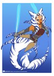 blue_eyes blue_lightsaber clothing dual_wielding eyelashes female head_tails holding_object holding_weapon lekku_(anatomy) lightsaber looking_at_viewer melee_weapon orange_body orange_skin reverse_grip solo split_form text weapon alanscampos star_wars ahsoka_tano alien marine merfolk togruta 2022 absurd_res hi_res url