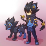 1:1 alternate_species black_hair bottomwear brown_hair clothed clothing cosplay duo felid feral fully_clothed generation_4_pokemon hair hitec human humanized luxray male mammal nintendo pants pokemon pokemon_(species) pokemon_trainer tail