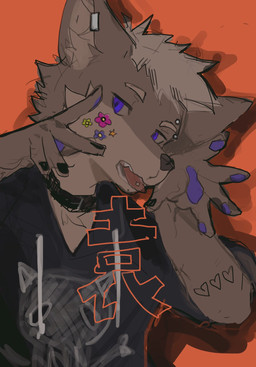 alternative_fashion anthro biped black_clothing black_nails black_shirt black_topwear bleh blue_eyes brown_body brown_fur clothing collar colored_nails ear_piercing emo fur looking_at_viewer male nails pawpads piercing purple_pawpads shirt solo tongue tongue_piercing topwear itooku canid canine canis mammal wolf 2023 hi_res